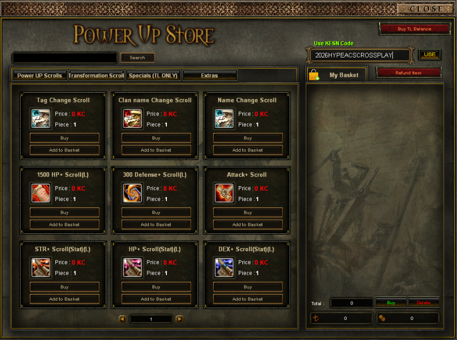 Oyun içi Power Up Store penceresi: ürün kartları, sepet, kod kutusu ve bakiye